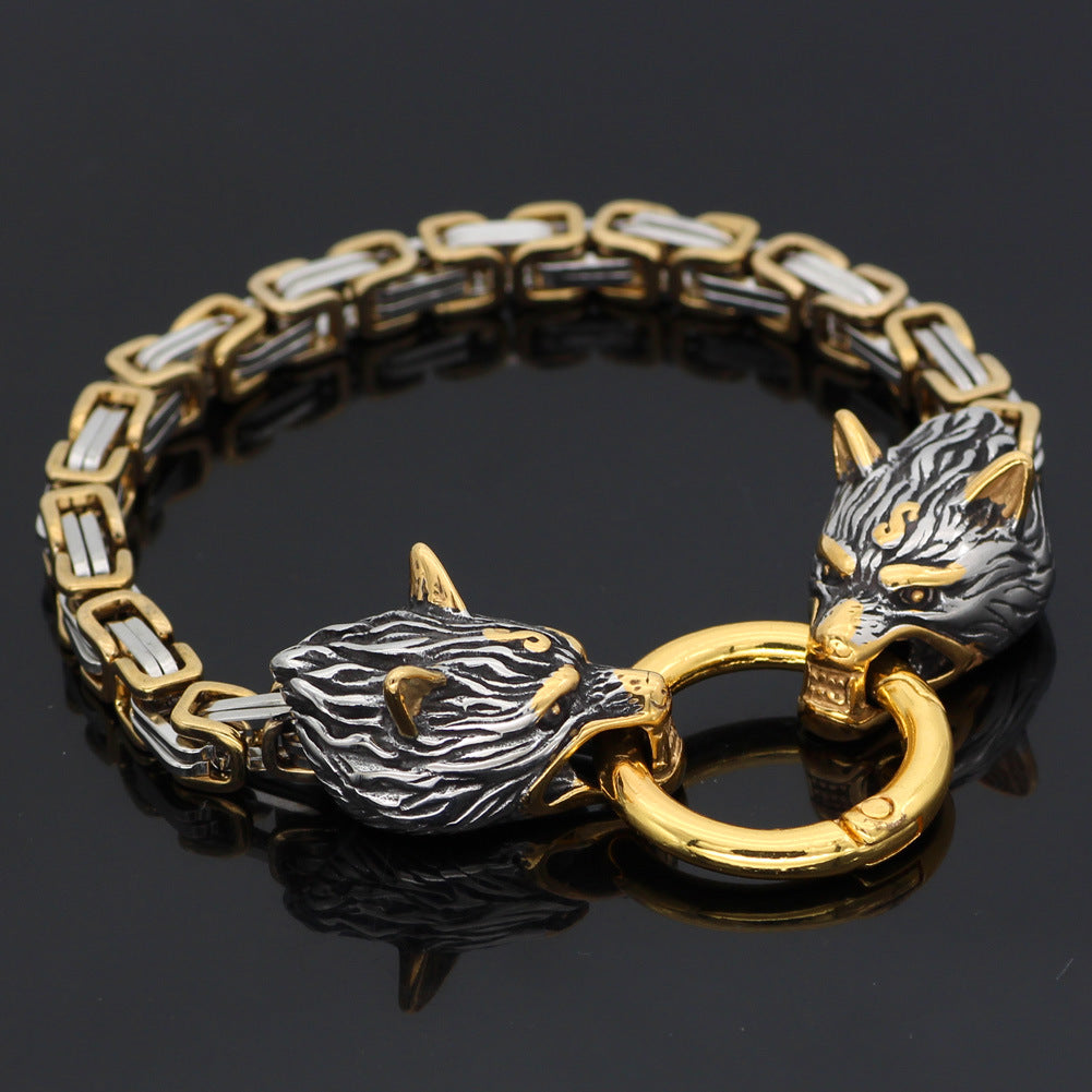 Stainless Steel Nordic Viking Wolf Head Emperor Chain Bracelet