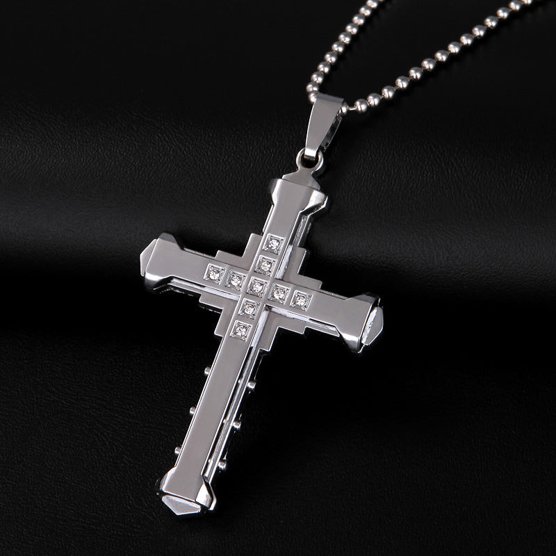 Peter Rhinestoned Cross Pendant Necklace