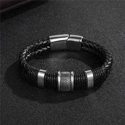 Silver Black Braid Leather Bracelet