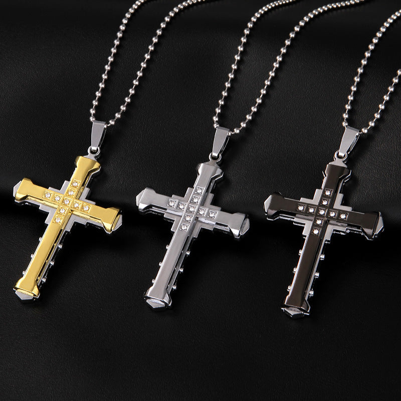 Peter Rhinestoned Cross Pendant Necklace