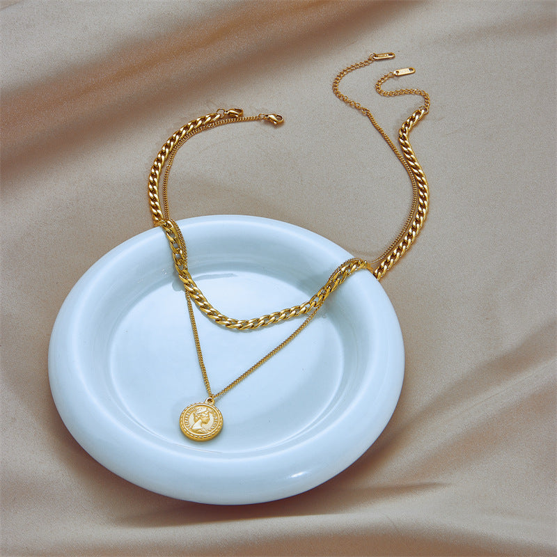 Queen Elizabeth Portrait Coin Pendant Layered Necklace