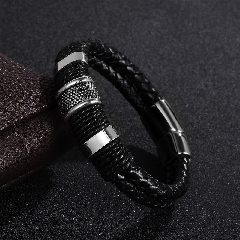 Silver Black Braid Leather Bracelet