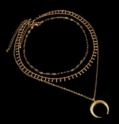 Moon Pendant Layered Chain Choker Necklace
