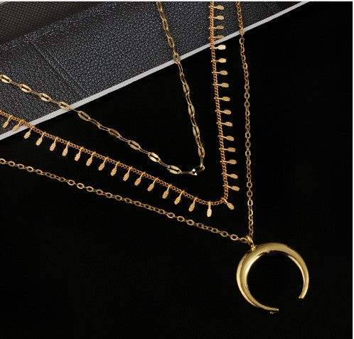 Moon Pendant Layered Chain Choker Necklace