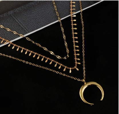Moon Pendant Layered Chain Choker Necklace