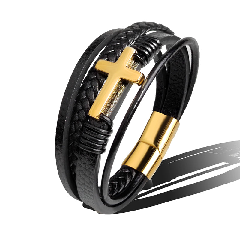 Stainless Steel Leather Cross Bracelet