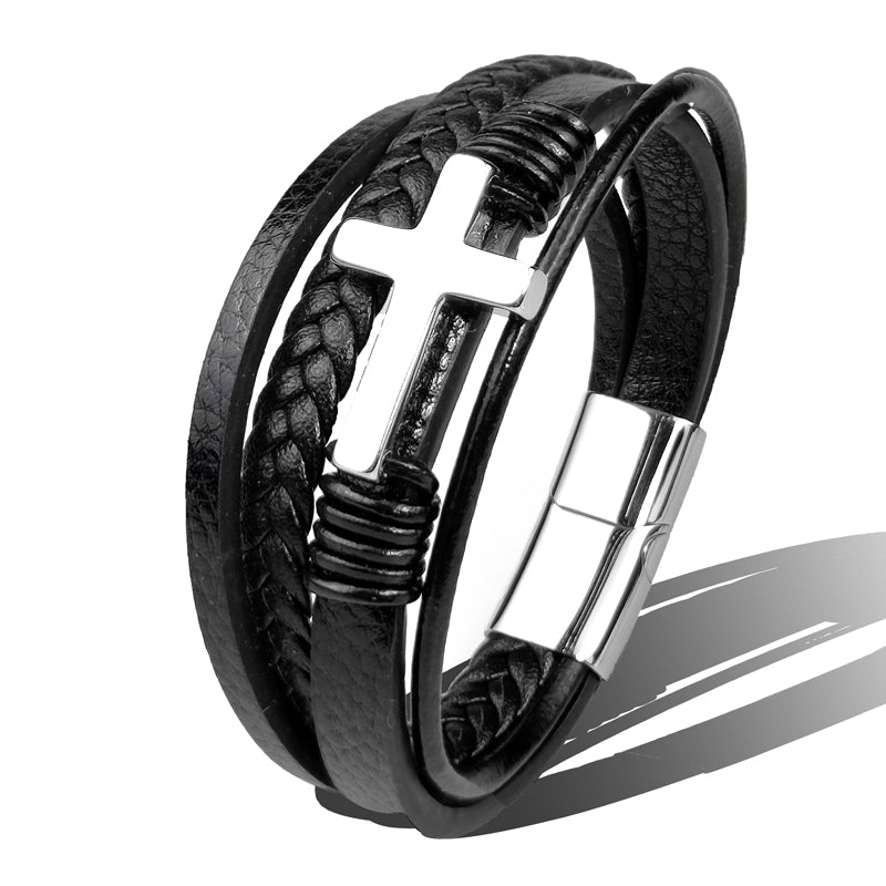 Stainless Steel Leather Cross Bracelet