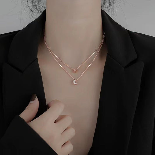 Sparkling Star Moon Double Layered Necklace