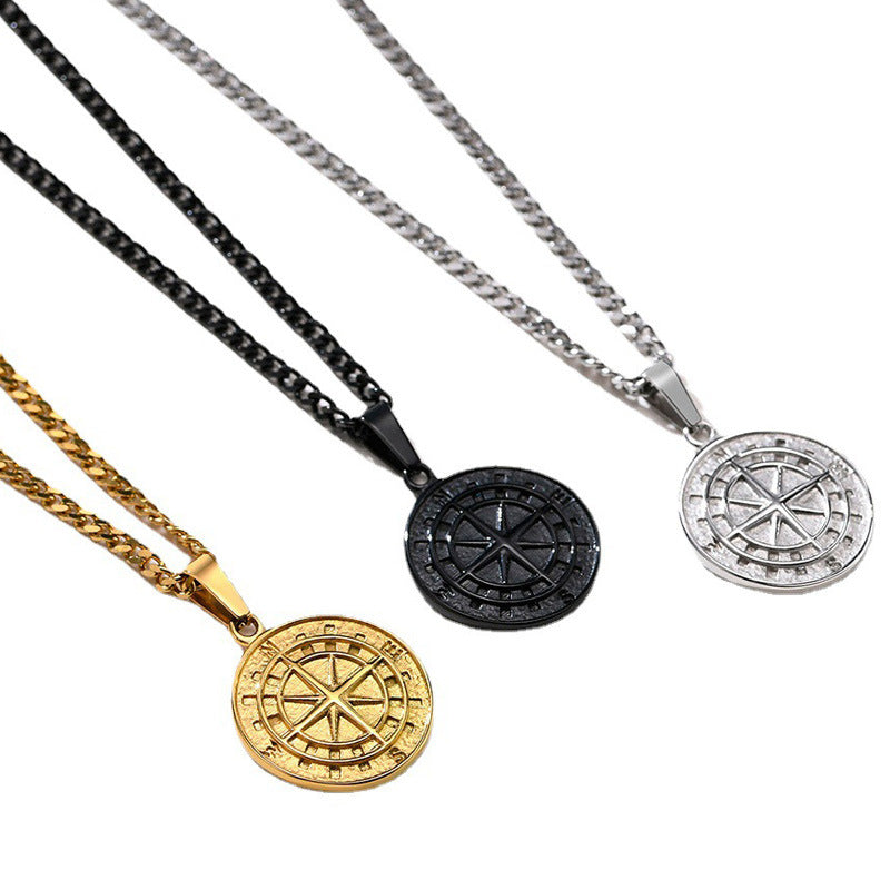 Men's Layered Nautical Travel Compass Pendant Necklace