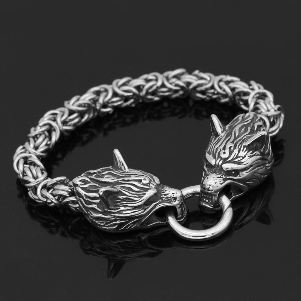 Stainless Steel Nordic Viking Wolf Head Emperor Chain Bracelet