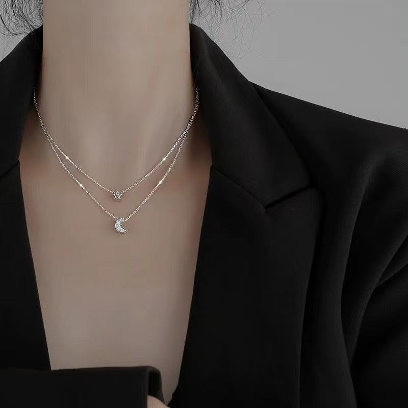 Sparkling Star Moon Double Layered Necklace