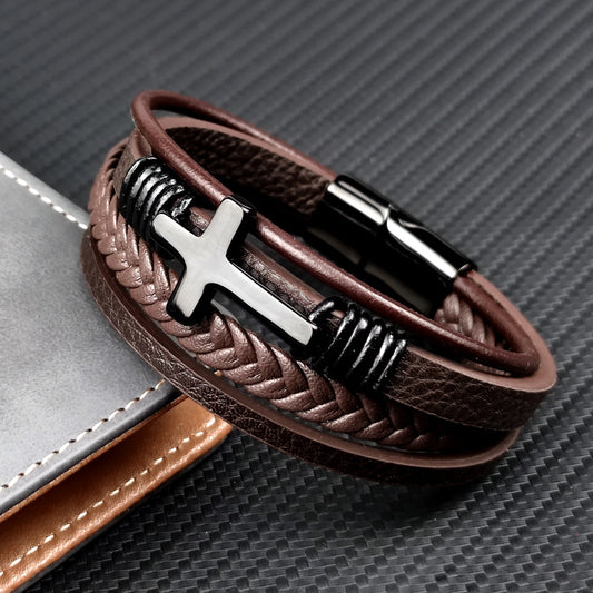 Stainless Steel Leather Cross Bracelet