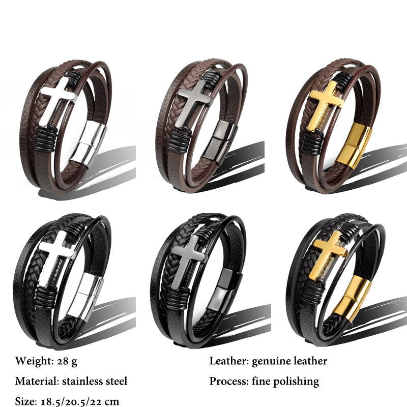 Stainless Steel Leather Cross Bracelet