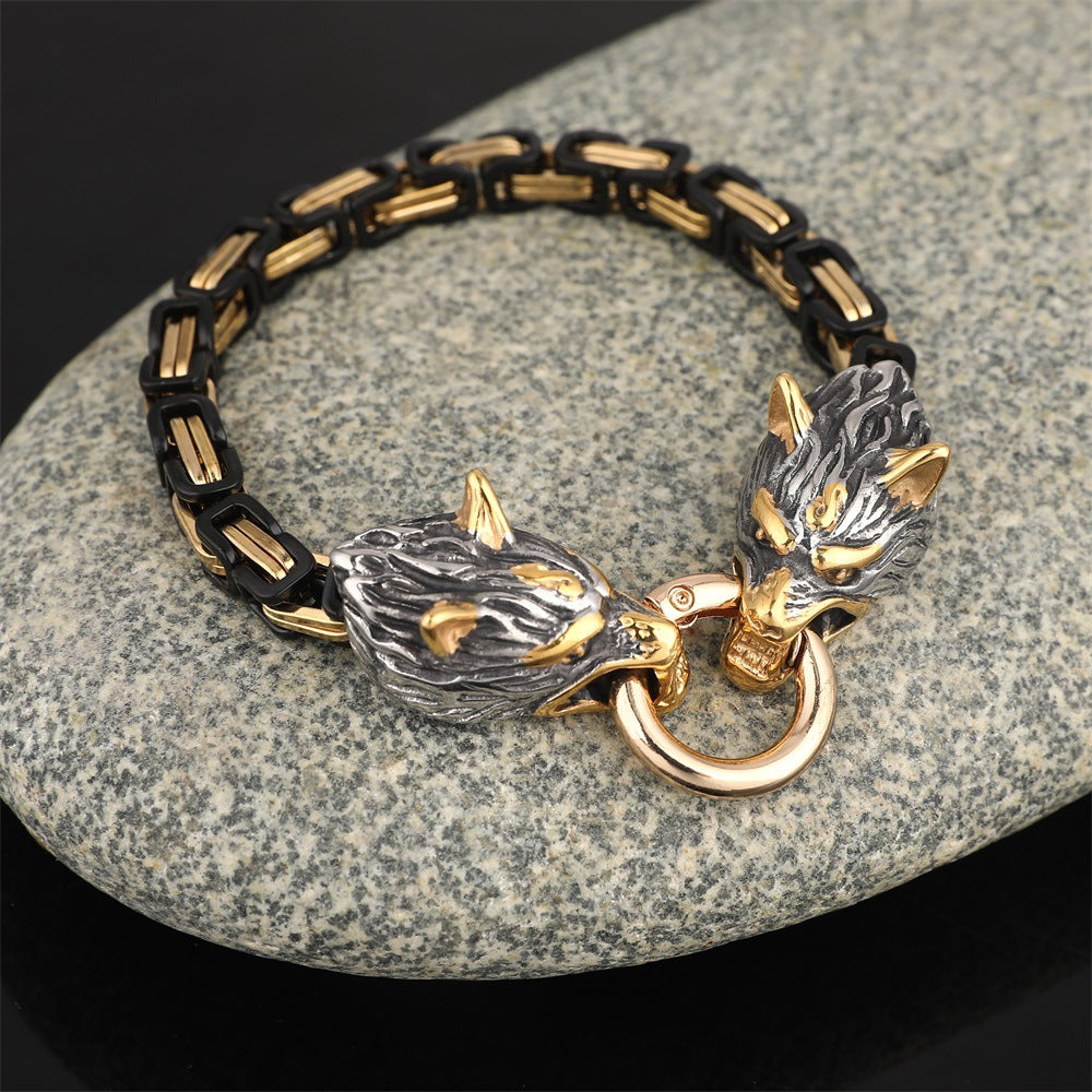 Stainless Steel Nordic Viking Wolf Head Emperor Chain Bracelet